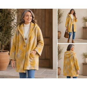Soft Surroundings Yellow‎ Plaid Hooded Cardigan Coat Womens Petite Medium PM